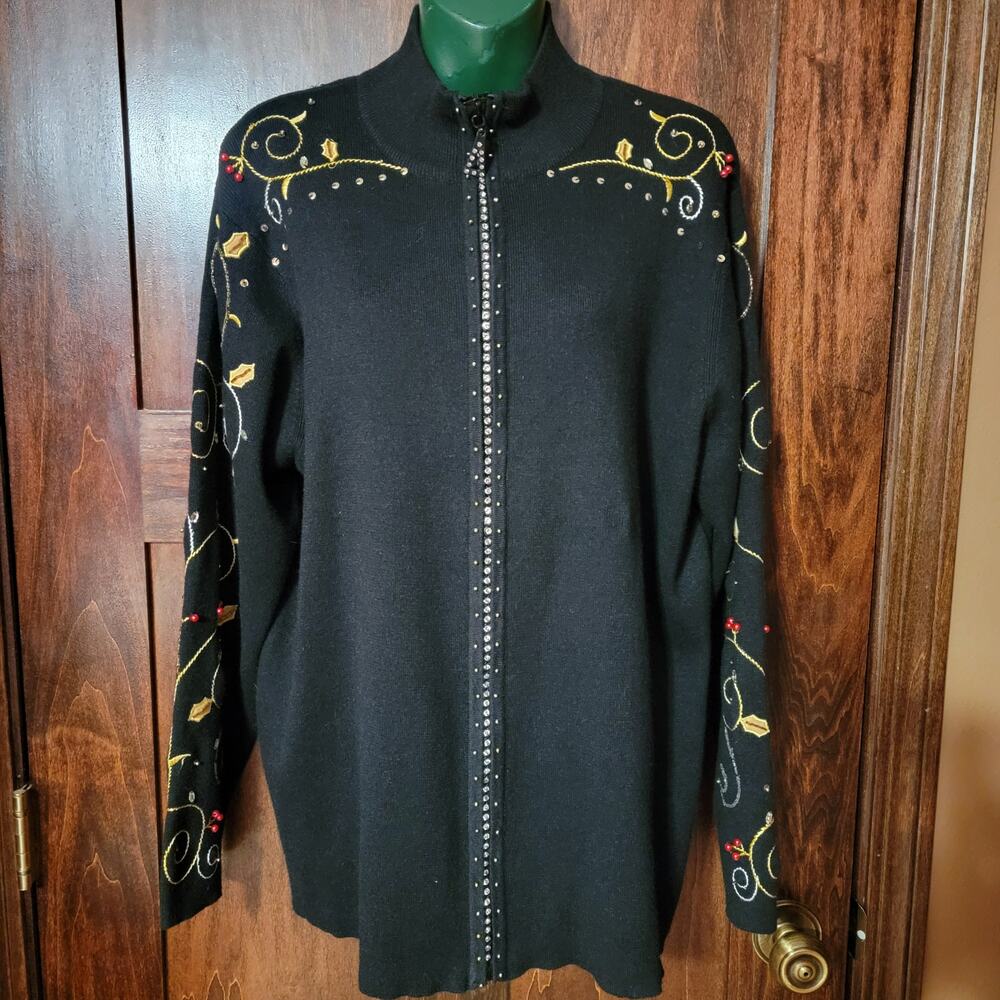 Quacker factory XL zip sweater bling black christmas Grandma core fancy zipper